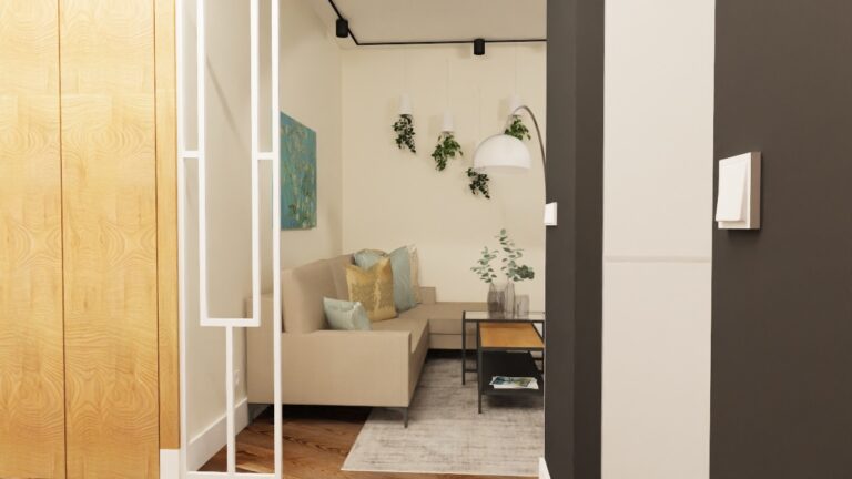 Jasny salon utrzymany w stonowanych odcieniach beżu. Widok na wygodny narożnik oraz dekoracyjną lampę z kloszem na długim wysięgniku, tworzącą przytulną atmosferę.